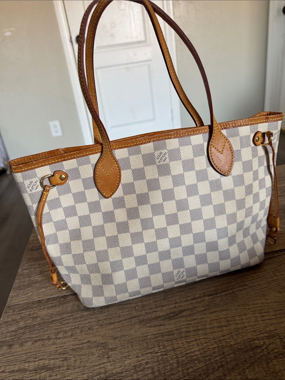 Louis Vuitton Damier Azur Checkered Tote with Tan Leather Trim - Picture 12 of 16